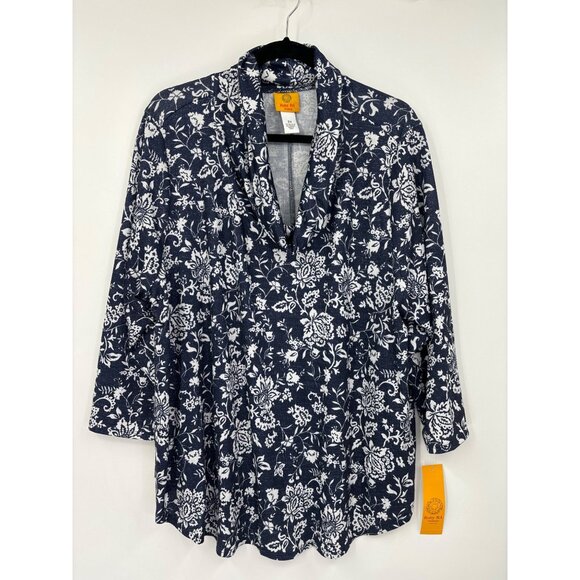 Ruby Rd. Woman Cowl Neck Pull Over Top Floral Metallic Blue 2X NEW - Picture 1 of 5